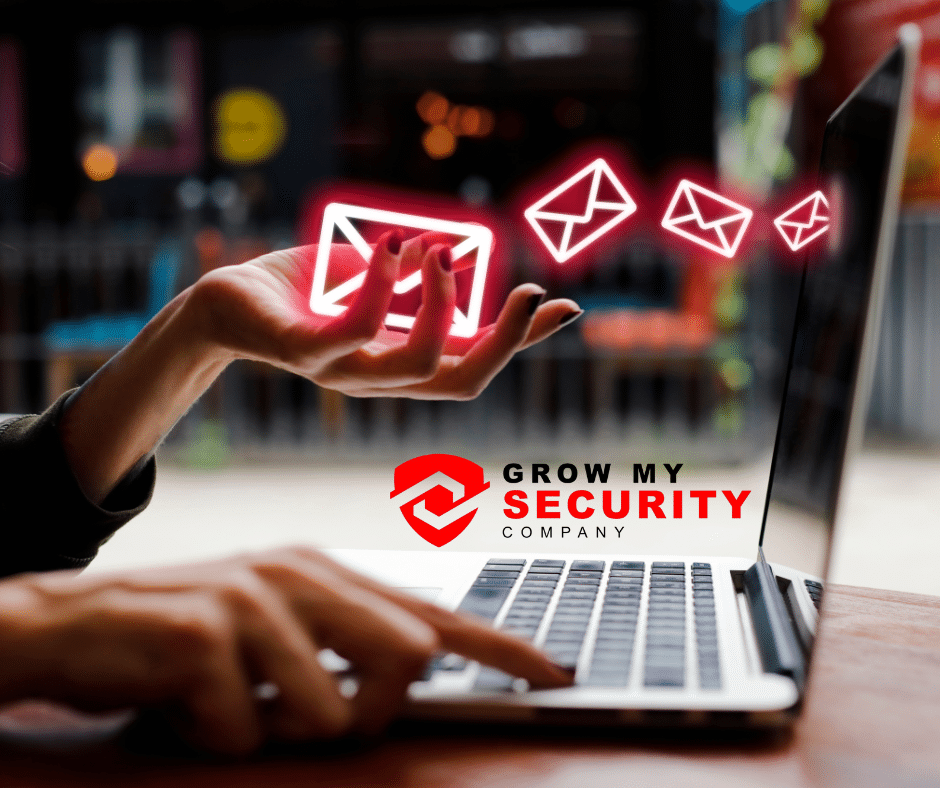 Illustration of a laptop with a security shield, representing email marketing strategies for security companies by Grow My Security Company.