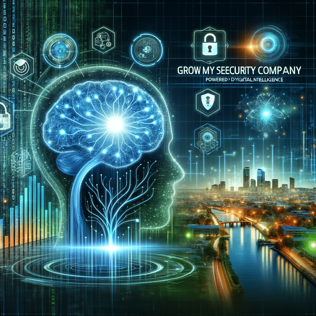 Image of a futuristic security business concept with AI technology integration, symbolizing the cutting-edge solutions offered by Grow My Security Company.