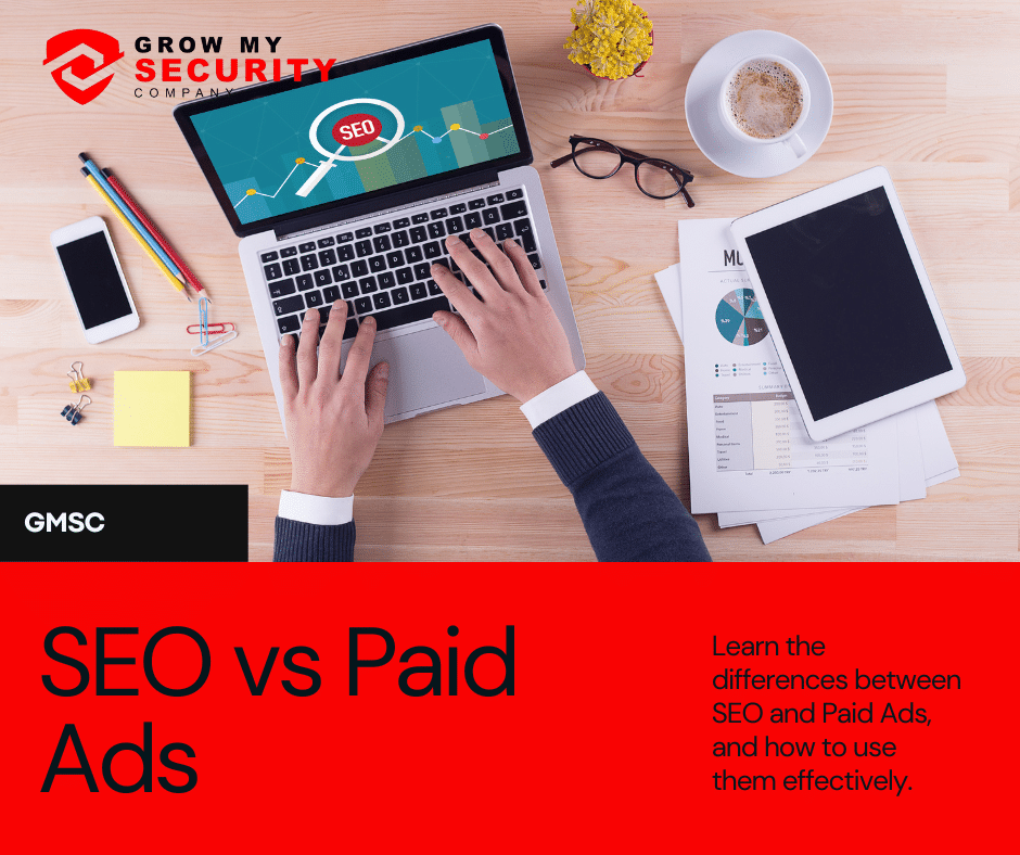 Illustration comparing SEO and Paid Ads strategies for business growth, featuring a balance scale and icons representing organic search and paid advertising elements.